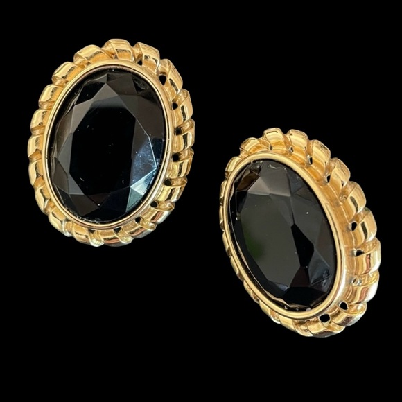 Vintage Givenchy Paris Goldtone And Faceted Black Cabochon Clip Earrings